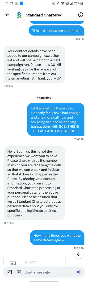 21SAU's tweet photo. @StanChart @ZarinDaruwala #Bankfraud #poorcustomerservice
#harrowing 
Once again SCB has been showcasing how to harass its customers and take customer service to a whole new low. SICK AND TIRED OF SAYING NO TO A CREDIT CARD! Screw you! https://t.co/lXDP2l8vPo
