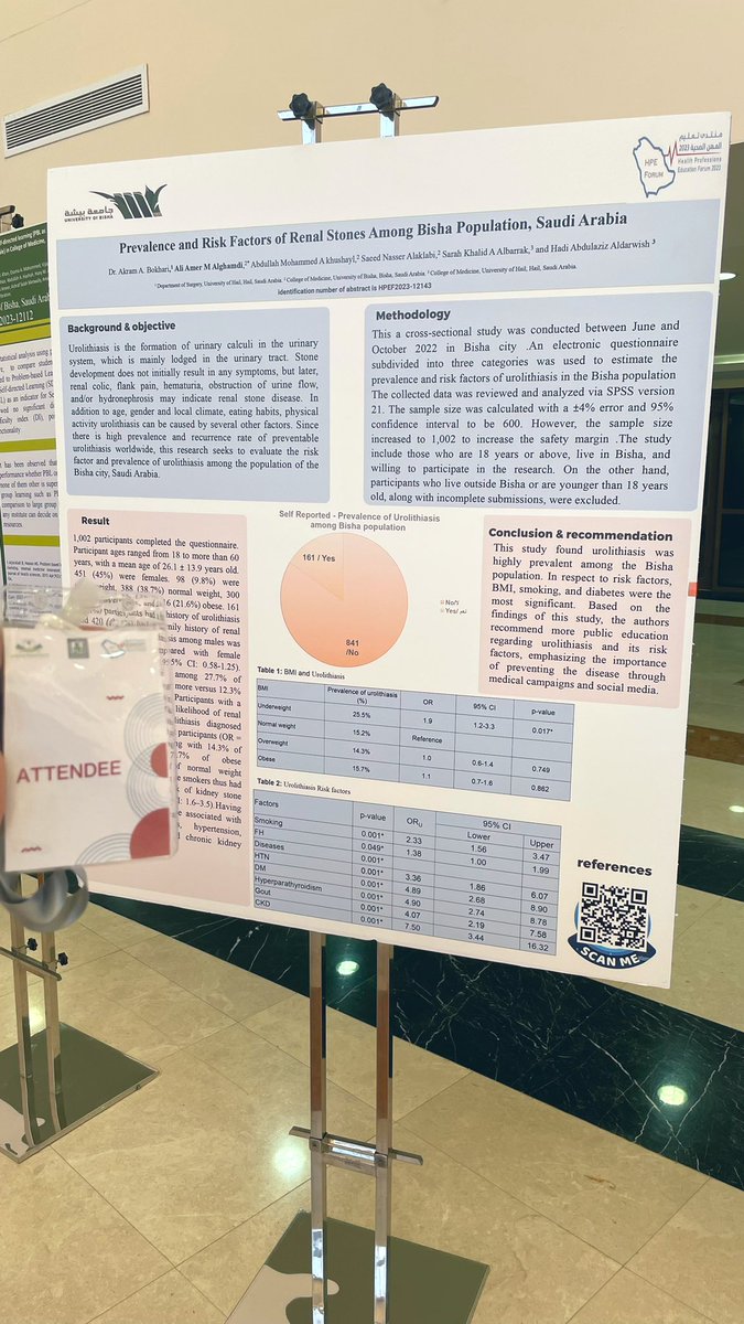ali_alghamd1's tweet photo. جانب من مشاركتنا في منتدى تعليم المهن الصحية 2023 HPE Forum✨
بملصق بحثي بعنوان:
Prevalence and Risk Factors of Renal Stone Among Bisha Population, Saudi Arabia
كل الشكر والتقدير لفريقنا الرائع 💐
#SSME
#Health_professions_Education
#UBCOM
#King_Khalid_University https://t.co/O0HuGlhpE9