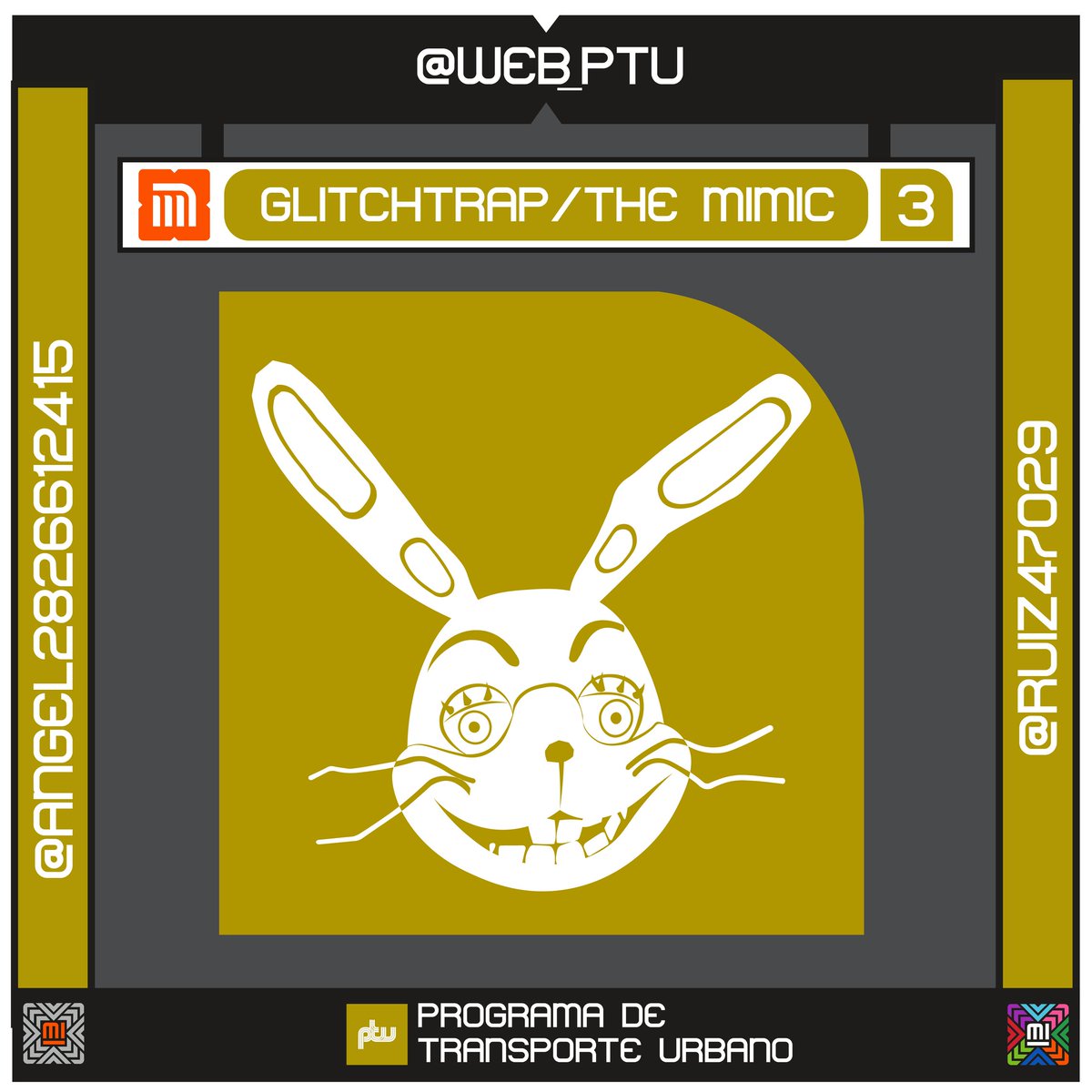 Web_PTU's tweet photo. Fan Iconos
Estación: Glitchtrap/The Mimic 
Sistema: STC Metro 
Línea 3
Creador: @Angel2826612415 @ ruiz47029
Personaje: Glitchtrap/The Mimic 

#TheMimic #Glitchtrap #HombreDeMorado #FNAF #FNAFHW #PurpleGuy #FanIcono #STCMetro #MetroCDMX #MovilidadIntegrada https://t.co/GPW9y1J6xr
