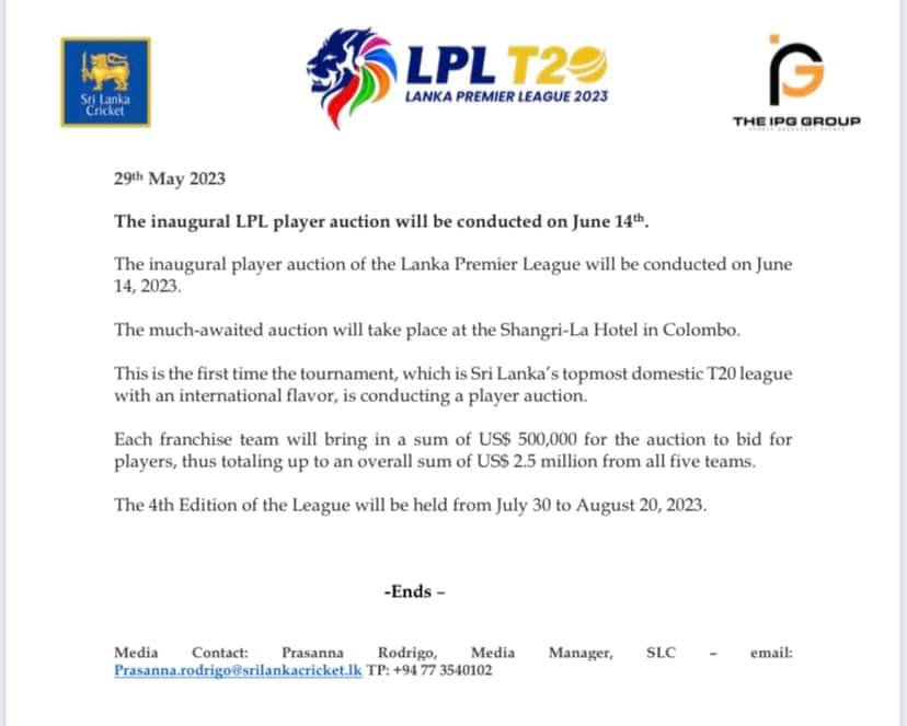 ‘The inaugural LPL player auction will be conducted on June 14th’ - SLC 
#LPL2023