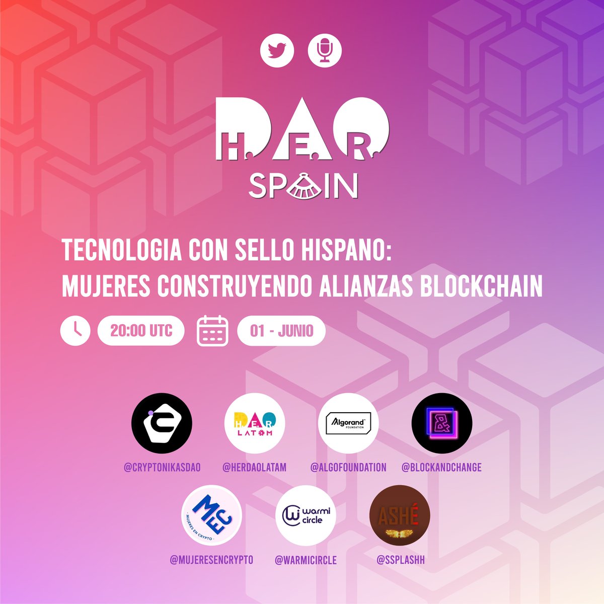 herdaospain's tweet photo. !No te pierdas nuestro Twitter Space:

"Tecnología con sello hispano: Mujeres construyendo alianzas en blockchain💜"! 

🗓️ 1 de junio a las 20:00 UTC! 📷 

1) Comparte este tweet
2) Configura tu recordatorio
3) Acompáñanos📷

Habrá un anuncio exclusivo durante el espacio 🤫🚀 https://t.co/LsSwuOGKPk