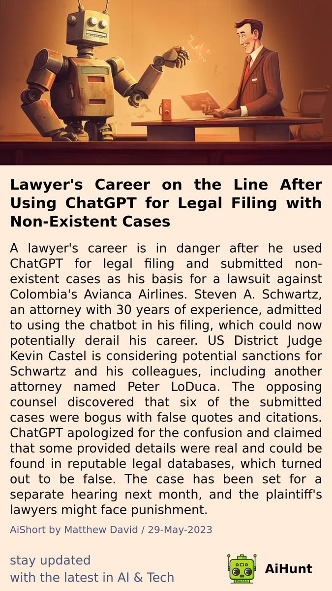 🚨 A lawyer's 30-year career is on the line after submitting bogus cases using ChatGPT 🤖💼 Could this potentially derail his career? Find out more soon! #LegalIssues #Suspense #NewsAlert
