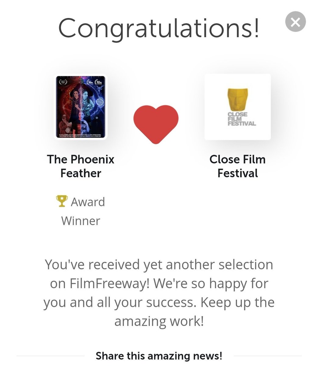 Amazing news! The Phoenix Feather was just selected by Close Film Festival via @FilmFreeway 
#movie #award #moviedirector #writer #movies #movieawards #filmfestival #filmfestivals #laurel #laurels #officialselection #shortfilm #indiefilm