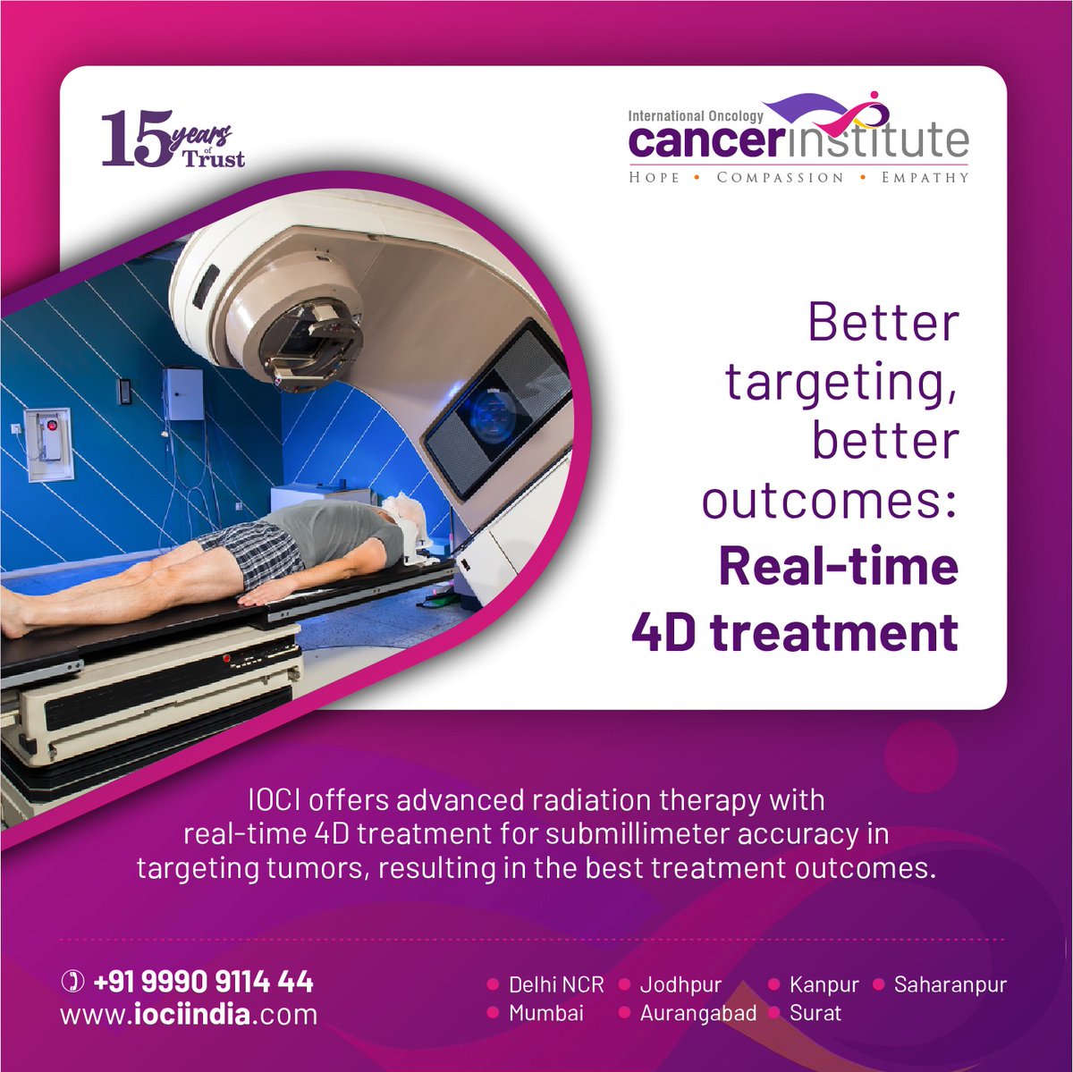 IOCI_India's tweet photo. IOCI offers Real-time 4D treatment with submillimeter accuracy for radiation therapy. Our cutting-edge technology tracks tumor movement and delivers targeted radiation beams, ensuring optimal treatment outcomes and improved patient well-being.
π: https://t.co/ZbrJgy7x9A
#IOCI https://t.co/j12AUvkIxy