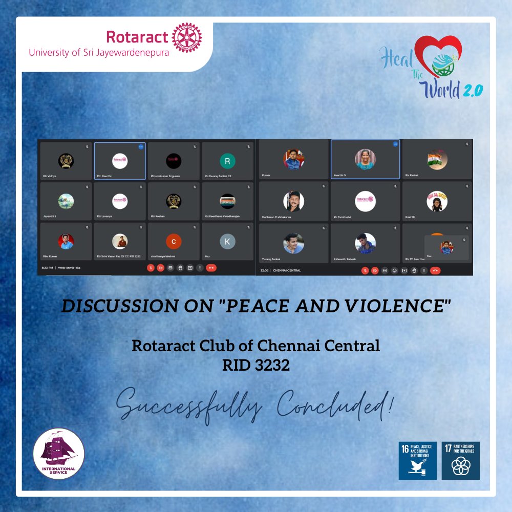 rotaractusjp's tweet photo. As a part of the project, Heal The World 2.0, a discussion on Peace and Violence was successfully conducted by the Rotaract Club of Chennai Central β RID 3232.
#HealTheWorld2_0 #RACUSJ #Rotaract #Rotaract3220 #ImagineRotaray #LearnServeandStrive https://t.co/3Xfk9ErcNa