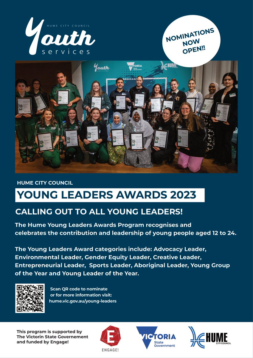 Young Leaders Awards 2023 | Nominations Open

The Hume Young Leaders Awards program recognises and celebrates the contribution and leadership young people aged 12 – 24 make in their communities.

Find out more here ⏬
hume.vic.gov.au/Residents/Peop…