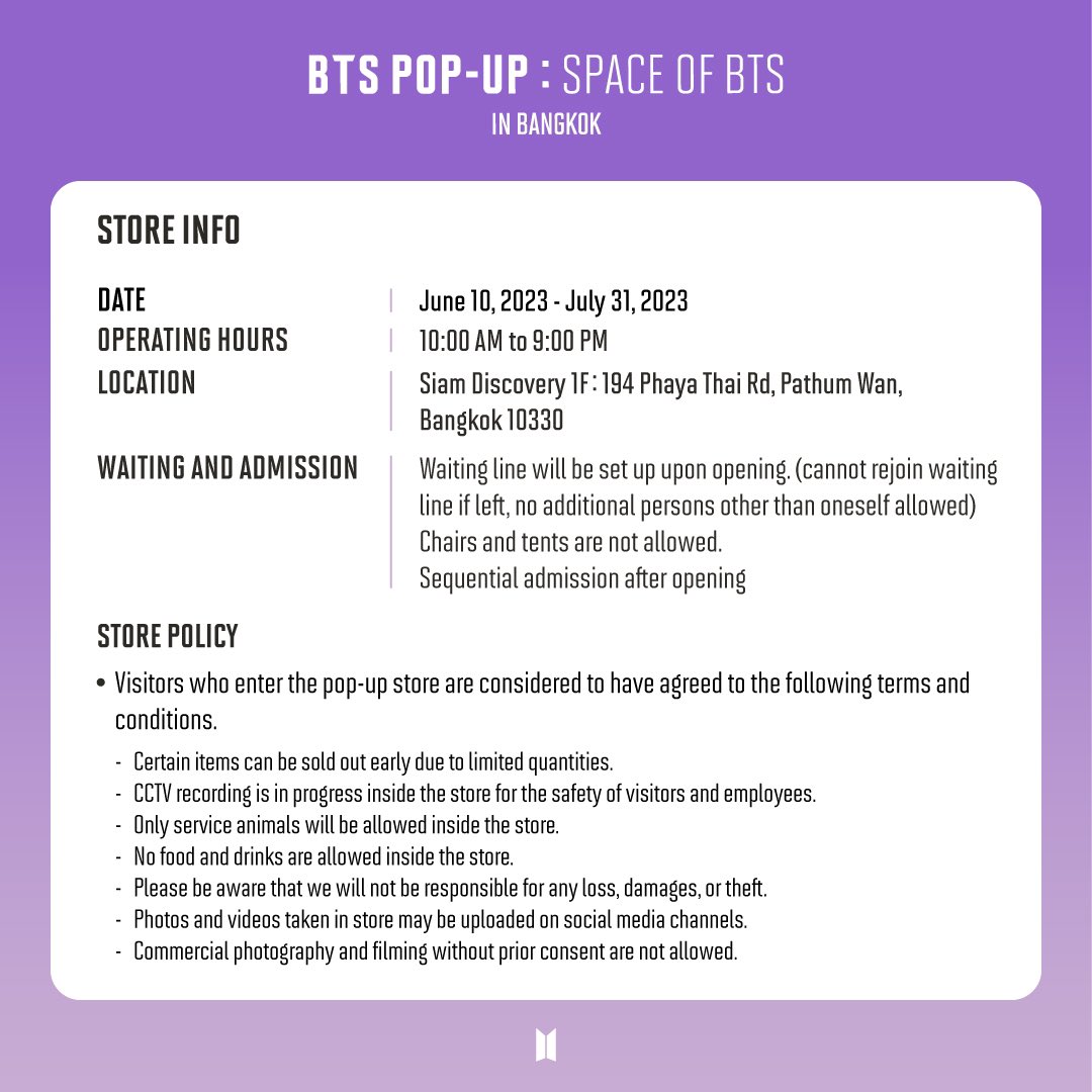 มาเเล้ววว~~

เธรดสรุป ทำความเข้าใจ

BTS POP-UP : SPACE OF BTS กำลังจะมาเยือนกรุงเทพฯ 🇹🇭 !

สนุกกับกิจกรรมและสินค้า BTS มากมายที่ SPACE OF BTS 💜

✅เริ่มวันที่ 10มิถุนายน-31 กรกฎาคม 2566
⏰ เวลา 10:00น.-21:00น. 
📍จัดที่ Siam Discovery

#BTS #SPACE_OF_BTS #BANGKOK #ตลาดนัดบังทัน