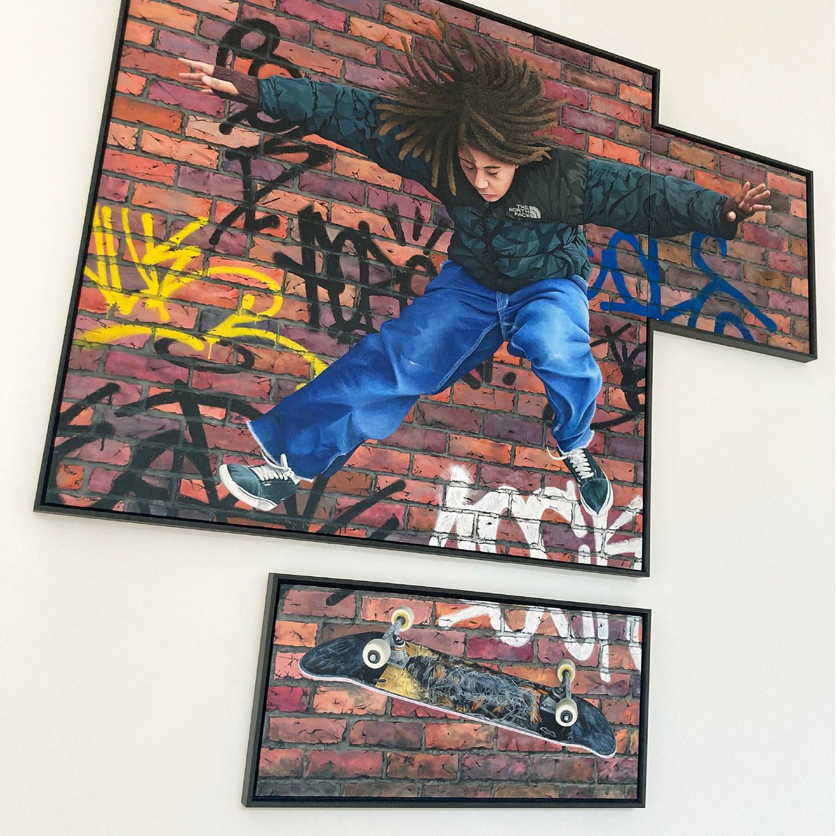 NEW PAINTING: Kickflip (triptych) 
140cm x 137cm. It’s of a #Manchester skater who’s performing a #kickflip manoeuvre, where the board is manipulated by his feet during a jump so that it spins sideways through 360 deg before landing. 🛹 #doakickflip #skateboarding #skateboardgb