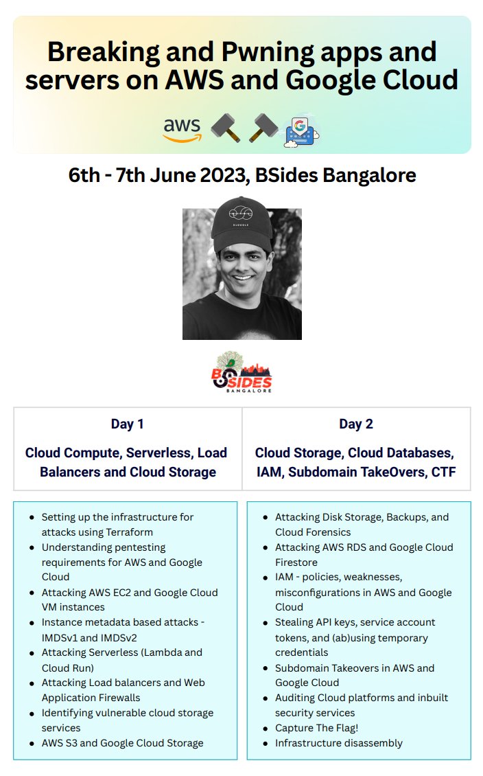 Riyaz Walikar (@riyazwalikar) on Twitter photo Limited seats only! I'll be doing a 2 day in person hands-on cloud security training titled "Breaking and Pwning Apps and Servers on #AWS and #GoogleCloud" <a href="/bsidesbangalore/">Security BSides Bangalore</a> on June 6th-7th. Register now!
bsidesbangalore.in/event-details/2
cc <a href="/appseccouk/">Appsecco</a> <a href="/Kloudleinc/">Kloudle - Cloud Security Scanner</a> Limited seats only! I'll be doing a 2 day in person hands-on cloud security training titled "Breaking and Pwning Apps and Servers on #AWS and #GoogleCloud" <a href="/bsidesbangalore/">Security BSides Bangalore</a> on June 6th-7th. Register now!
bsidesbangalore.in/event-details/2
cc <a href="/appseccouk/">Appsecco</a> <a href="/Kloudleinc/">Kloudle - Cloud Security Scanner</a>