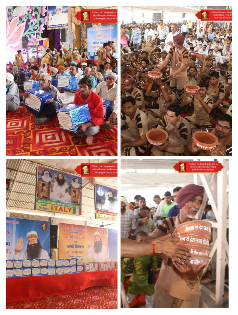 #SatsangBhandaraHighlights organized at Dera Sacha Sauda Sirsa,
175 bird feeders provided under 'Bird nurturing campaign',
 75 ration kits to needy family under 'Food Bank'
Clothes given to 75 needy children under 'cloth bank' campaign,3 couples pledged to have only 1 child.