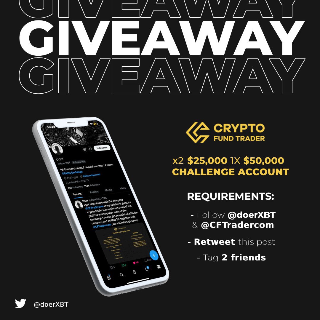 doerXBT's tweet image. Giveaway 🎁

×2 $25,000 
x1 $50,000
CHALLENGE ACCOUNT

REQUIREMENTS:

✅Follow @doerXBT
&amp;amp; @CFTradercom
✅ Retweet this post
✅ Tag 2 friends

⌛️Result will be announced in 48 hours