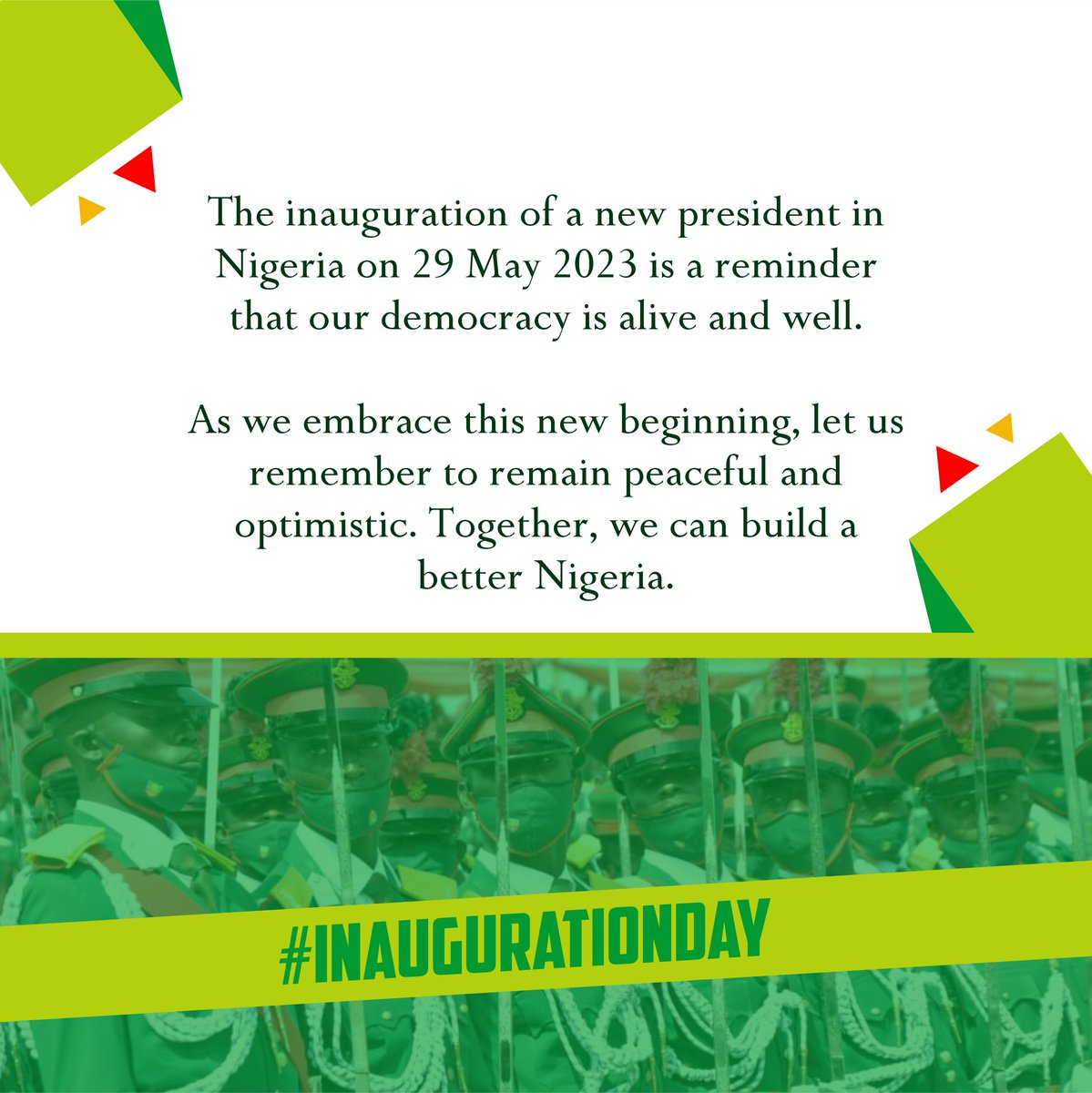 Our democracy is alive and well!! 

Let's embrace this new beginning, Let us stay Peaceful and Optimistic!!!
#InaugurationDay 
#HopeForNigeria