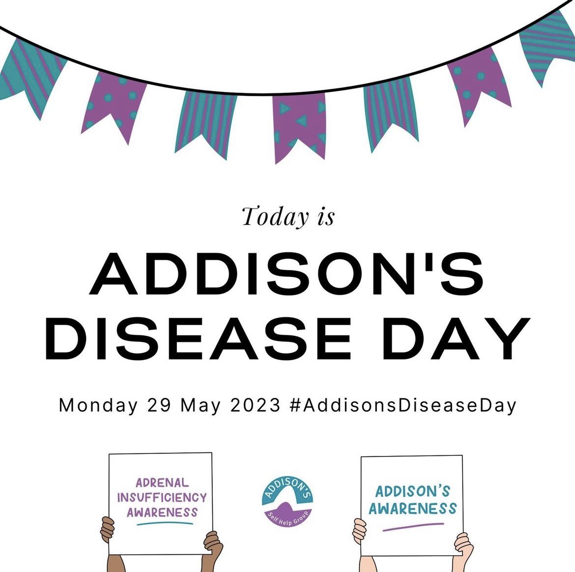 Today is #addisonsdiseaseday, this rare condition affects only around 9000 in the UK, it affects us all differently which is why the ADSHG is invaluable. I’m fortunate to generally have my symptoms under control but the risk of a fatal adrenal crisis is never far from my mind