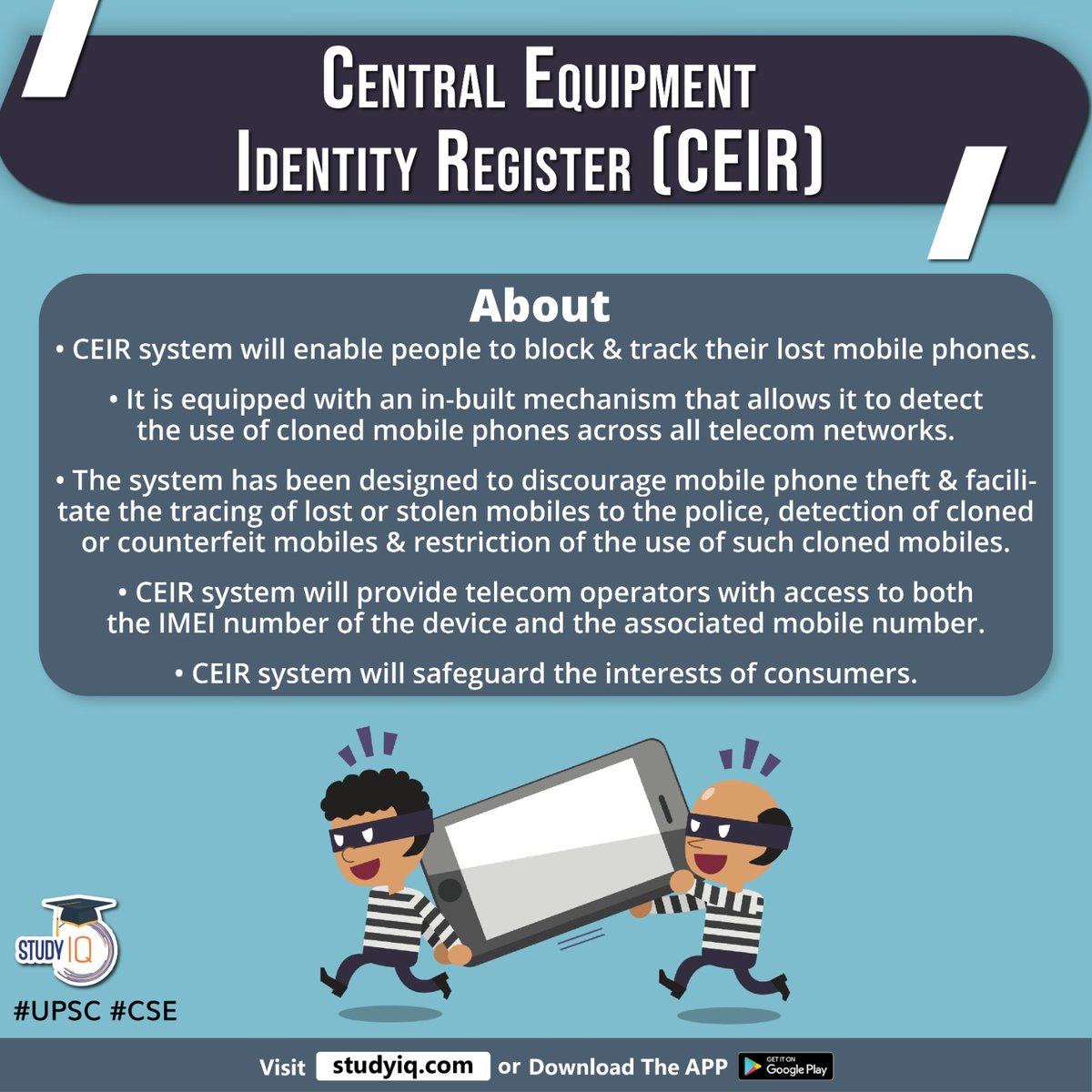 Central Equipment Identity Register (CEIR)

#centralequipmentidentityregister #ceir #indiangovt #india #whyinnews #mobilephones #ceirsystem #lostmobilephones #telecomnetworks #mobiletheft #clonedmobiles #telecomoperators #imeinumber #mobilenumber #consumers #upsc #cse #ips #ias