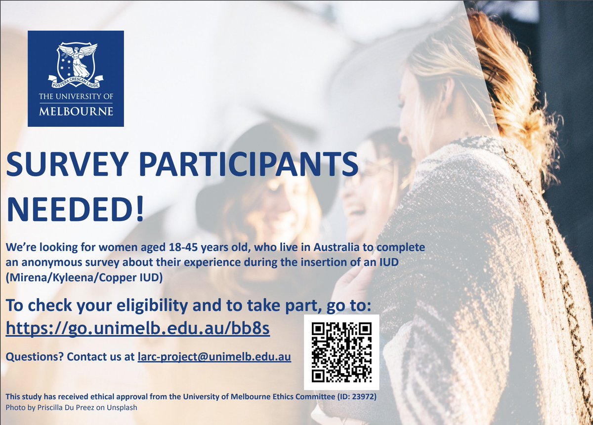 Want to tell us about your IUD insertion experience? Are you a woman living in Australia, aged 18-45 years, and have had an IUD insertion in the past 2 years? Take part in our anonymous survey here: go.unimelb.edu.au/bb8s