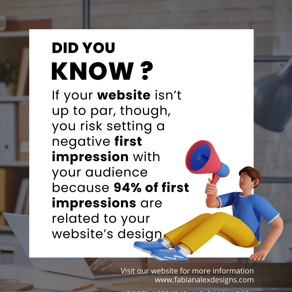 Improving your website's design can boost its credibility, which will lead to increased sales for your company.

#webdesigners #topography #uidesigners #ui #ux #uxdesign #uxdesigner #squarespace #wix #templates #security #backup #updates #webdesign #webanalytics #DataAnalytics