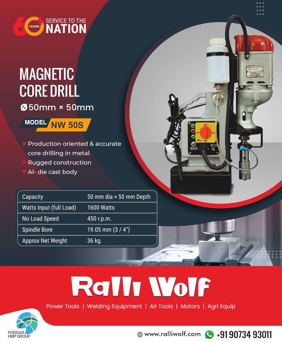 Ralli_Wolf's tweet image. Ralli Wolf NW 50S Magnetic Core Drill is ideal for accurate core drilling in metal with Al- die cast body. 
For more information visit: bit.ly/3OBFoOt
#magenticcoredrill #drillingmachine #nw50s #ralliwolf ralliwolf.com