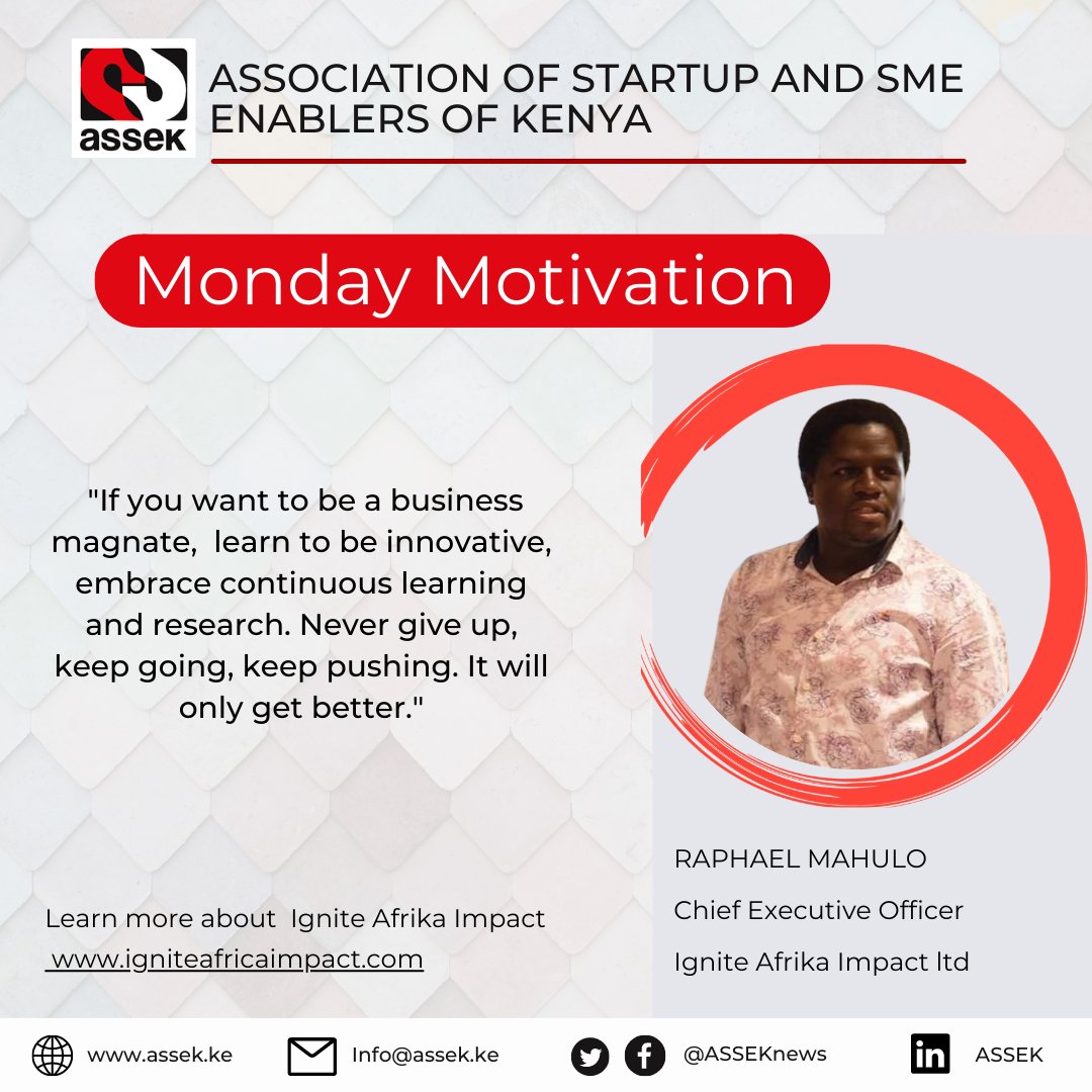 ASSEKnews's tweet photo. Happy New Week😀👋

Today's Motivation comes from @Raomosh - Chief Executive Officer, @impact_afrika .The ESO embraces the use of scientific driven data, smart farming to enable farmers execute production with accurate technology.

Learn more: https://t.co/hulm8XLgz0 https://t.co/b0aoO6JruT