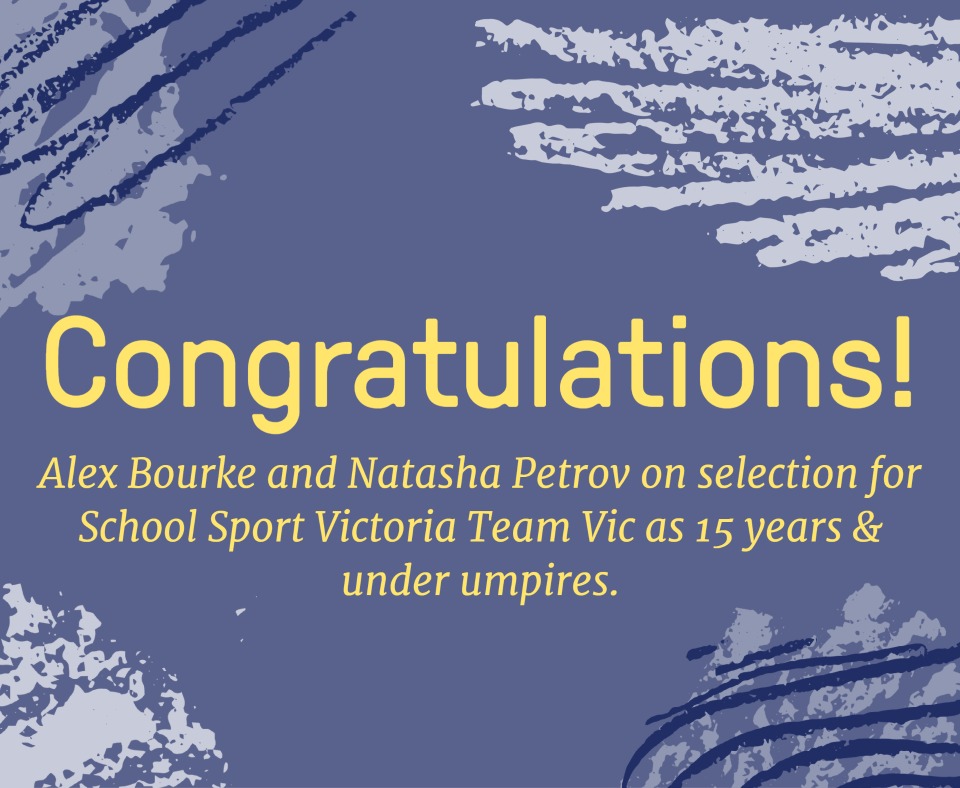 Well done to Natasha Petrov and Alex Bourke, who were selected as Team Vic 15 and Under Umpires with @SchoolSportVic - Natasha and Alex will be umpiring games between state teams at the national championships here in Ballarat from 22 to 29 July. 🎉🎉