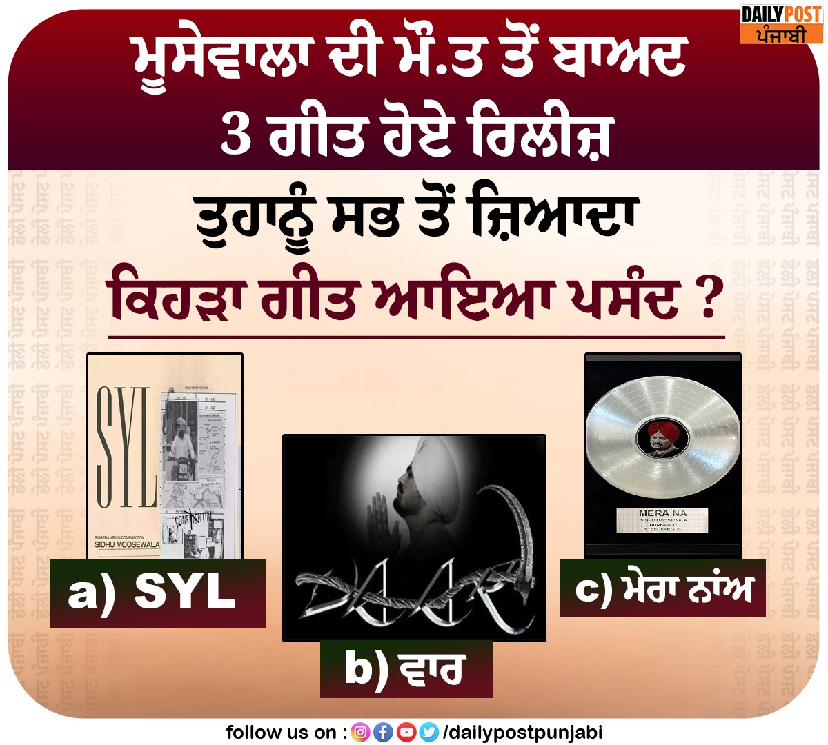 dailypostpunjab's tweet photo. ਮੂਸੇਵਾਲਾ ਦੀ ਮੌ.ਤ ਤੋਂ ਬਾਅਦ 3 ਗੀਤ ਹੋਏ ਰਿਲੀਜ਼
ਤੁਹਾਨੂੰ ਸਭ ਤੋਂ ਜ਼ਿਆਦਾ ਕਿਹੜਾ ਗੀਤ ਆਇਆ ਪਸੰਦ ?
#PunjabiSinger #SidhuMoosewala #FirstDeathAnniversary #3Song #Favourite #Dailypostpunjabi #Dailypost https://t.co/HBrcrlE3rN