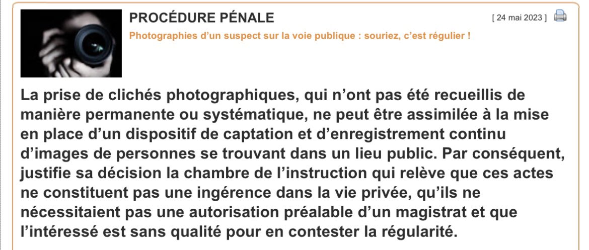 #ProcédurePénale 

Photographies d’un suspect sur la voie publique : souriez, c’est régulier !

Crim. 28 mars 2023, n° 22-83.874 B

actu.dalloz-etudiant.fr/a-la-une/artic…