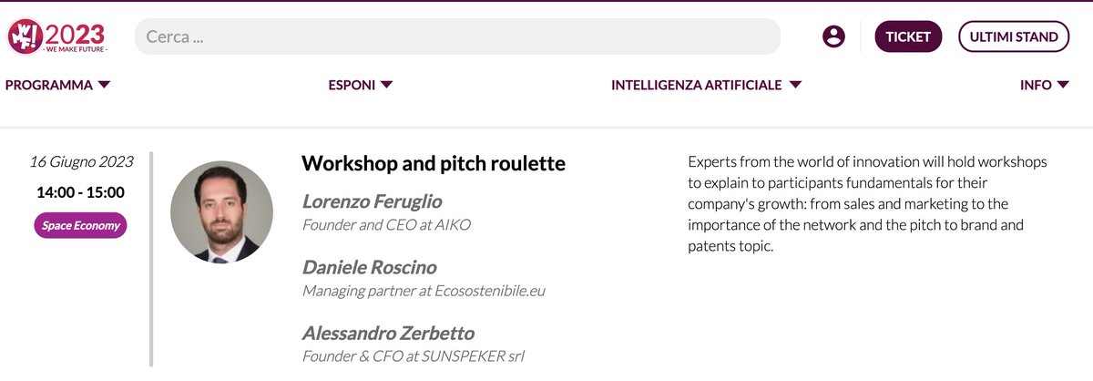 Ancora qualche settimana e sarà tempo di #WeMakeFuture2023.
Ospite di @amaldi_e il nostro CFO #AlessandroZerbetto parlerà di tutto ciò che ruota intorno alle #Startup, condividendo la sua esperienza in #Sunspeker insieme ad altri attori dell'ecosistema.

#BeSmartBeSunny
#WMF2023