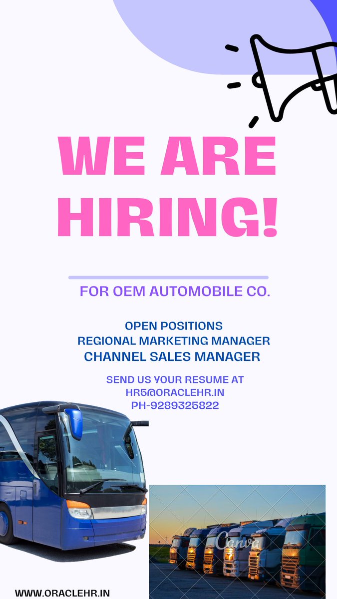 hiring for OEM automobile Co.
Regional Marketing Manager / Channel sales manager
Location- Guhwati, Indore, Bangalore 
Upto - 12LPA
Exp - 3 to 8 years
Must  have 60% marks in all academics 

Hr5@oraclehr.in
9289325822 @vishal_panchal2 
 #automobileindustry #commercialvehicles