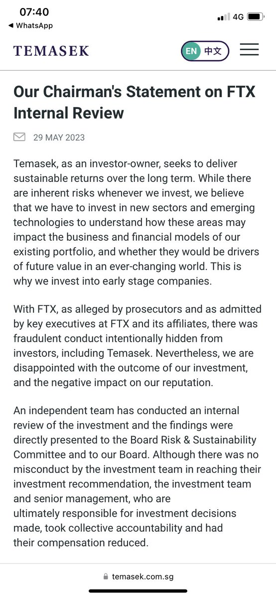 Temasek has made a statement on the FTX fraud
Admits damage to their reputation
Compensation of employees reduced

While FTX creditors lose their life savings, mental health and some reported suicides - not exactly fair