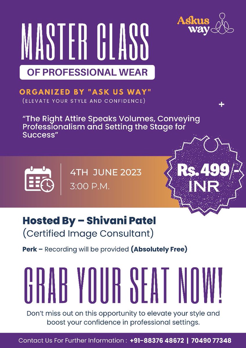 billore_shreya's tweet photo. First 10entries ABSOLUTELY FREE!
GRAB YOUR SEAT NOW !β¨
Join #AskusWay webinar "Master Class of Professional Wear,"by Shivani Patel On 4thJune2023 at3:00pm at just Rs.499 & let's take our professional journey to new heights together!π
Reach out to us at - 8837648672, 7974263735 https://t.co/95YE7l28GY