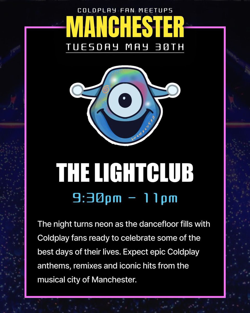 Join us in Manchester tomorrow evening for our very first Coldplay Fan Meetup event at @stage_radio_mcr from 7pm - 11pm ✨

♾️ Infinity Lounge: chill vibes + good music
👽 The Lightclub: anthems, remixes + more

RSVP: Free Tickets 🎟️ bit.ly/3os2lt2