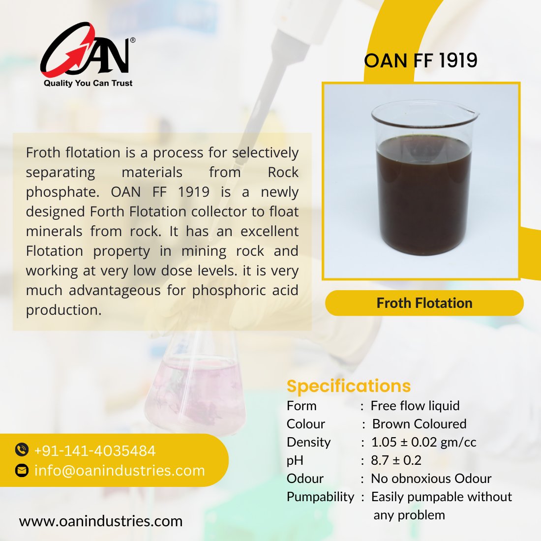 oanindustries's tweet photo. OAN FF 1919 - Froth Flotation
#mining #frothflotation #hydrophobicmaterials #additivemanufacturing #additives #collectors #frother #reagentconditioning #chemicalmanufacturing #oanindustries https://t.co/9x9sKvUwGo