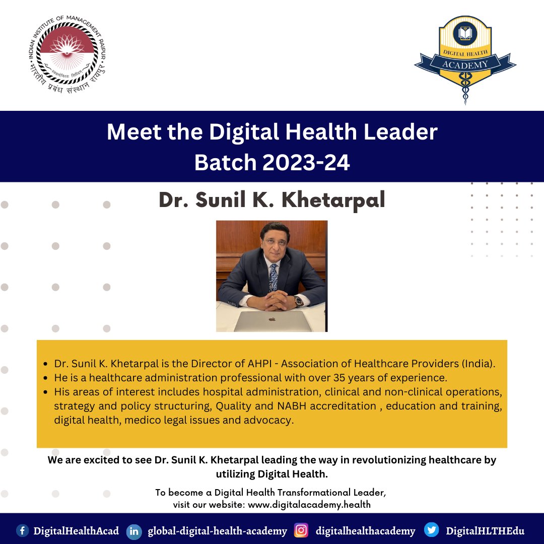 With more than 35 years of experience, Dr. Sunil K Khetarpal is an expert in healthcare management. His expertise spans wide range of fields, including #hospitaladministration, #clinical & #nonclinicaloperations, #strategy& #policydevelopment, #NABH & #Quality accreditation.