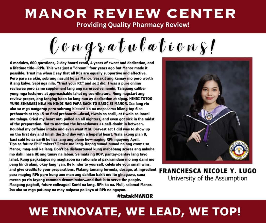MANOR_Review's tweet photo. Finally, let us hear from our PASSERS who attended their review in Manila, Baguio, Cebu, iloilo, Davao and Pure Online in the April 2023 Pharmacists Licensure Exam, as they share their journey and experiences on the #roadtoRPh. 
#tatakMANOR
#20yearsofEXCELLENCE https://t.co/Q7AFZJy0Yw
