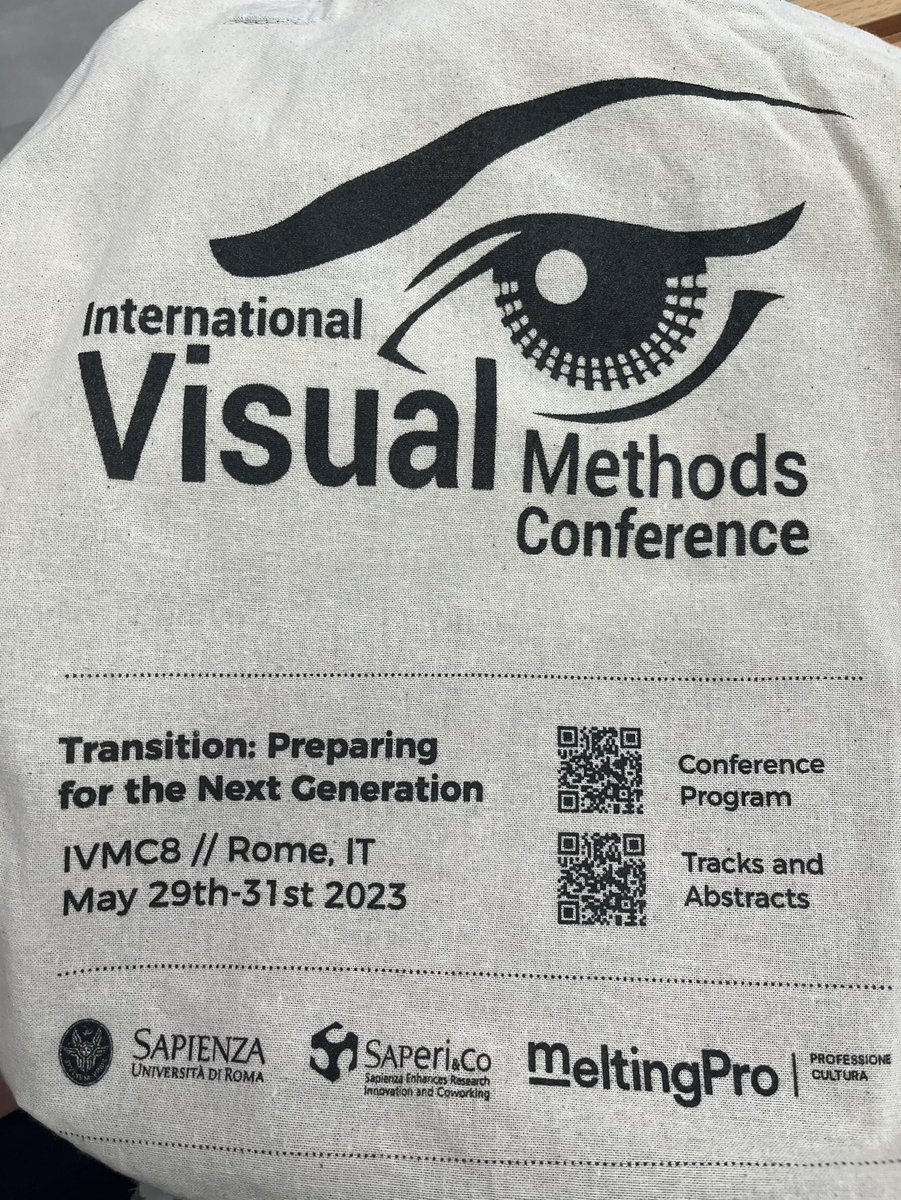 Good morning from Rome! It’s the International Visual Methods Conference @visualmethods at University of Sapienza. Look at the tasty tote bag! It neatly also shows the programme for the next three days. 👁️