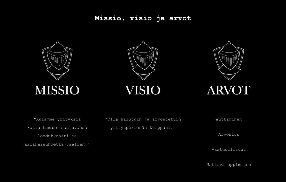 Missio kuvaa toimintatapaamme, visio sitä millaisia työn hedelmiä pyrimme saavuttamaan ja arvot ovat parhaat työkalut ovat mission ja vision toteuttamiseksi. 

Joidenkin asiakkaiden kohdalla visio on jo toteutunut: 1990-luvun asiakkaat eivät muuten kanssamme jatkaisi👍 #oleritari