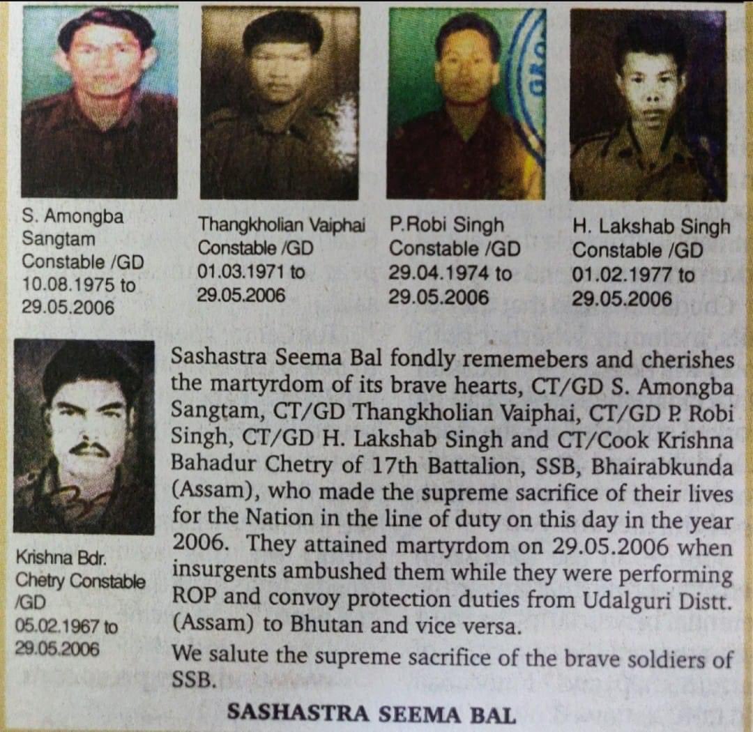 priority_n's tweet photo. Homage to 5 BRAVEHEARTS of @SSB_INDIA who attained Veergati on 29.05.2006 while serving Nation

CT/GD S. Amongba Sangtam
CT/GD Thangkholian Vaiphai
CT/GD P Robi Singh
CT/GD H Lakshab Singh
CT/Cook Krishna Bahadur Chetry
#17BN

when terrorists ambushed their convoy
#KnowYourHeroes https://t.co/rLwOiUk03F