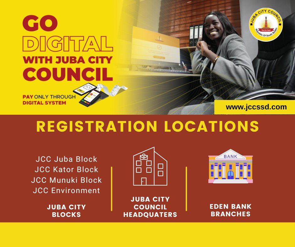 Good Morning Juba,South Sudan.Have you registered your Property,Business,Enterprise for your digital Tax payment? 

Visit us at our designated Locations and get registered TODAY !

#LetsGoDigital #juba #SouthSudan #SSOT 
#Simple #Convenient #Efficient