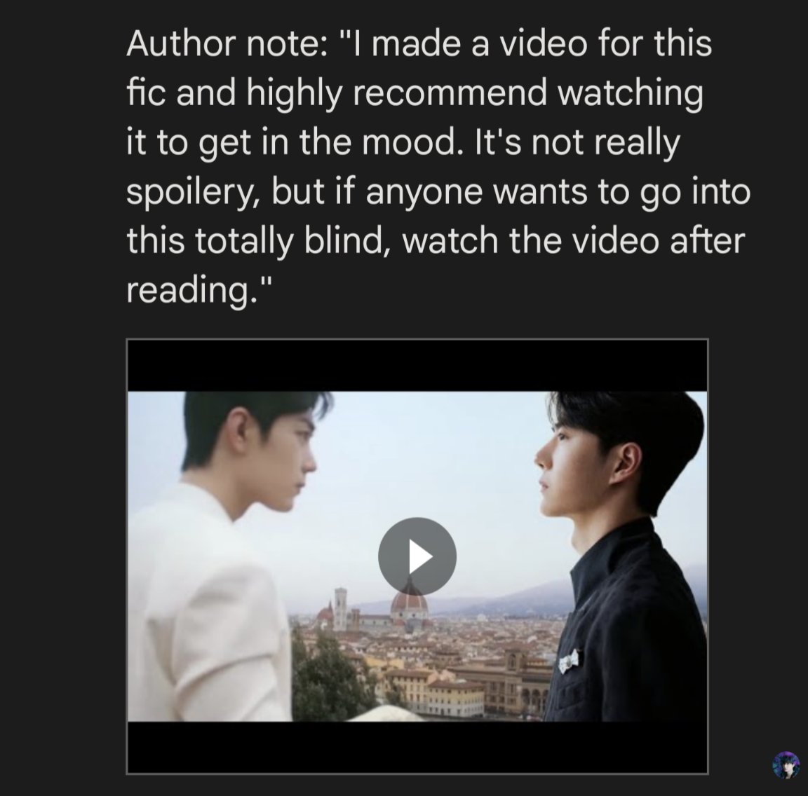 #bjyx_exchange2023 3rd day reveals!

Florence syndrome by <a href="/alex_mtg93/">Aleksandra</a>

archiveofourown.org/works/47376910

XZ and WYB meet for the first time during Milan Fashion Week. They shake hands, discover colours, and proceed to fall in love with Florence and maybe each other.

(video link below👇)