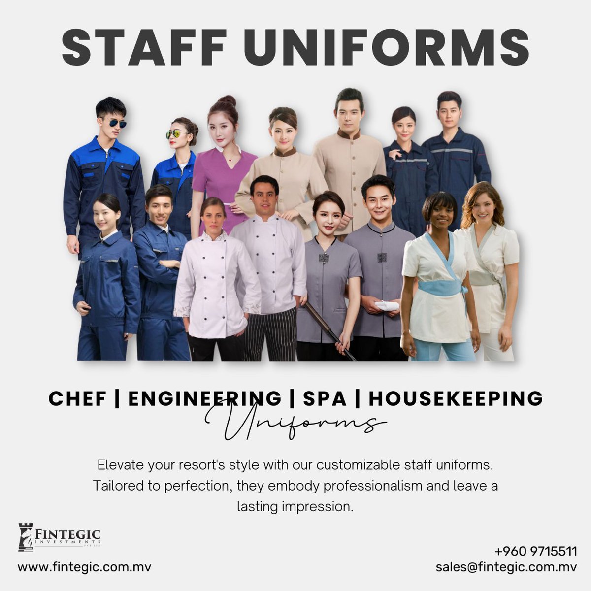 FintegicLuxury's tweet image. Elevate your resort&apos;s image with customizable uniforms from Fintegic. 

Contact us - +9609715511

#Fintegic #ResortUniforms #CustomizableDesigns #Professionalism #ResortStyle #BrandIdentity #LastingImpression #HousekeepingUniforms #SpaAttire #ChefUniforms #EngineerUniforms