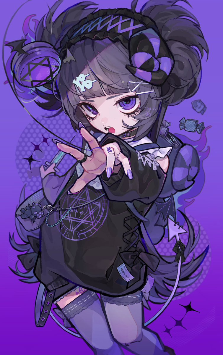 1girl purple eyes solo ring horns thighhighs jewelry  illustration images