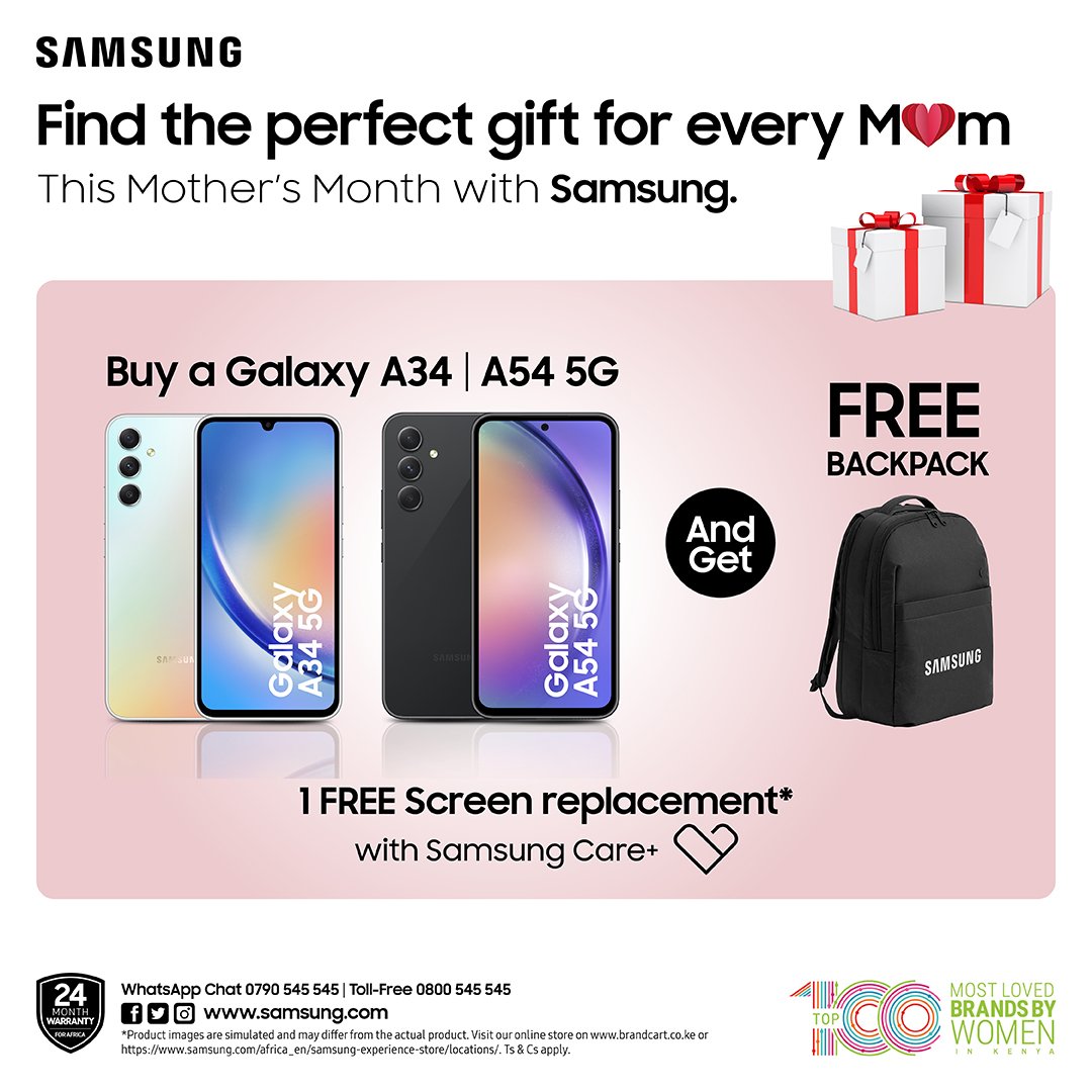 Surprise your mum today with a brand new @SamsungMobileKE gadget .
Kati ya A34 na A54 gani kalii?
Link to purchase
linktr.ee/samsungkenya

#AwesomeIsForEveryone #GalaxyASeriesKE