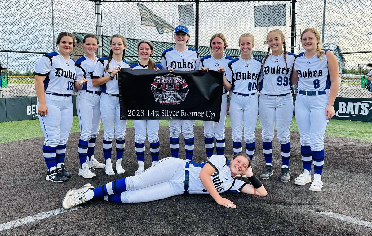 WVDukesFouts14U's tweet photo. First time onnthe field as a group and these talented ladies brought home a banner!  Meet your Firefighters  Memorial Tournament Silver 14u Runners-up!  Congratulations! https://t.co/0Uxp7c0Kde