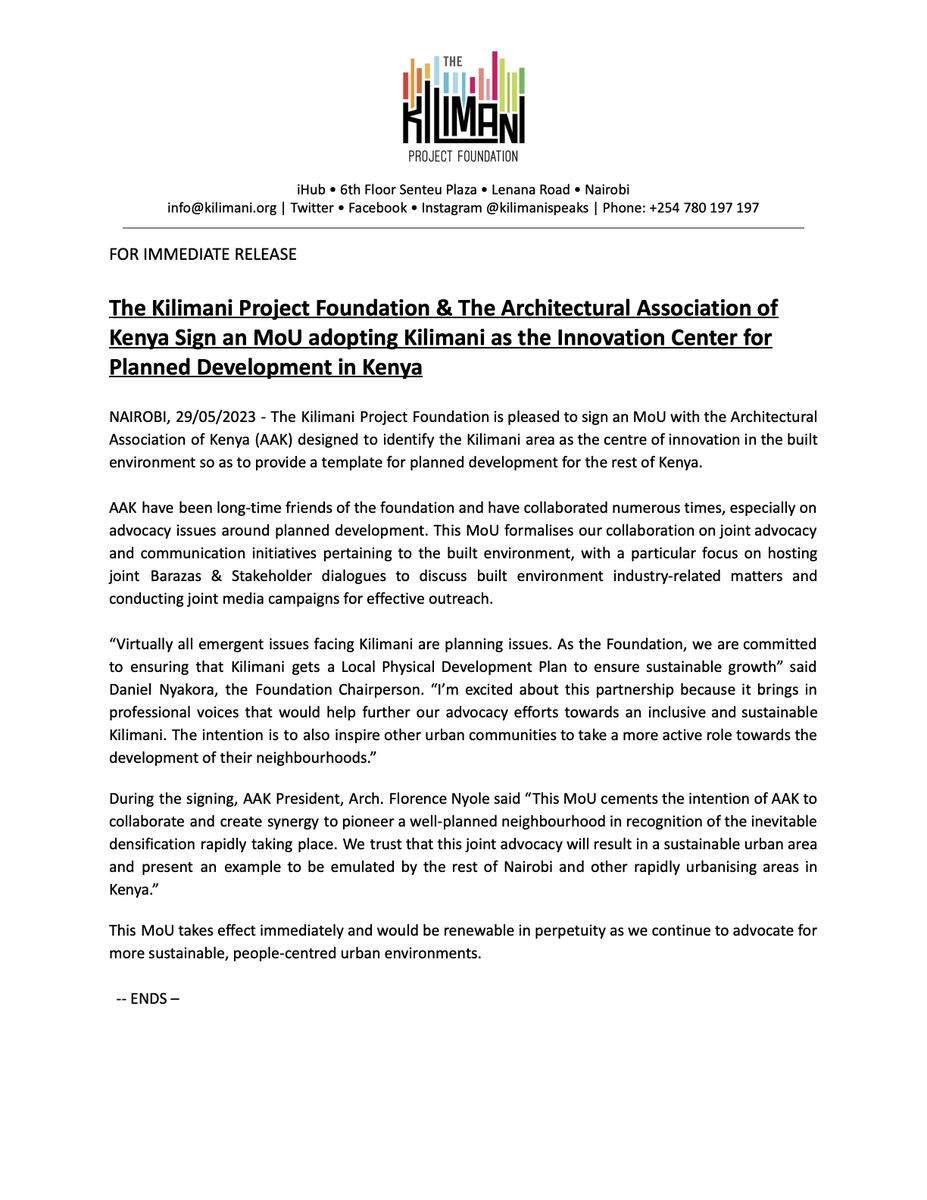 Kilimani Project Foundation (@kilimanispeaks) on Twitter photo PRESS RELEASE: We are pleased to announce that we have entered into an MoU with the <a href="/Arch_KE/">Architectural Association of Kenya</a>.
Kilimani is in the midst of a rapid transformation that has seen the mushrooming of high-rise buildings and a population increase. This development is largely unplanned. PRESS RELEASE: We are pleased to announce that we have entered into an MoU with the <a href="/Arch_KE/">Architectural Association of Kenya</a>.
Kilimani is in the midst of a rapid transformation that has seen the mushrooming of high-rise buildings and a population increase. This development is largely unplanned.