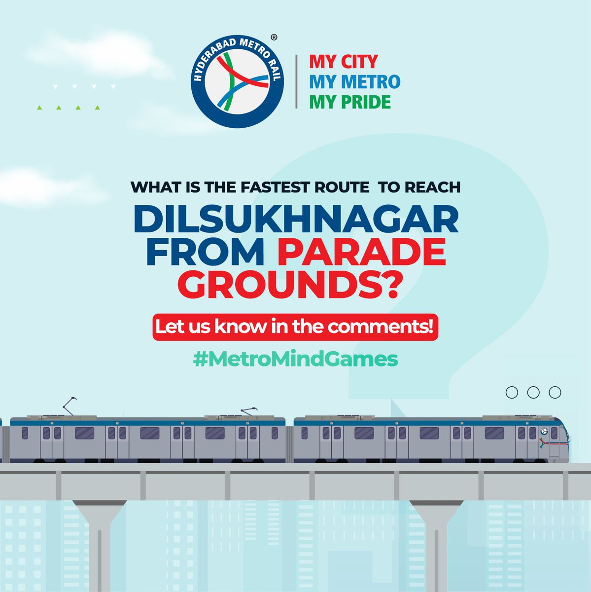 ltmhyd's tweet photo. Let’s see how well you know your Metro routes. Know the answer?
Tell us in the comments below!
#landtmetro #hyderabadmetro #metroride #mycitymymetromypride #metroroutes #funtime #MetroMindGames #guesstheroute #fastestroute #dilsukhnagar #paradegrounds #commentbelow https://t.co/QxkIlH79vS