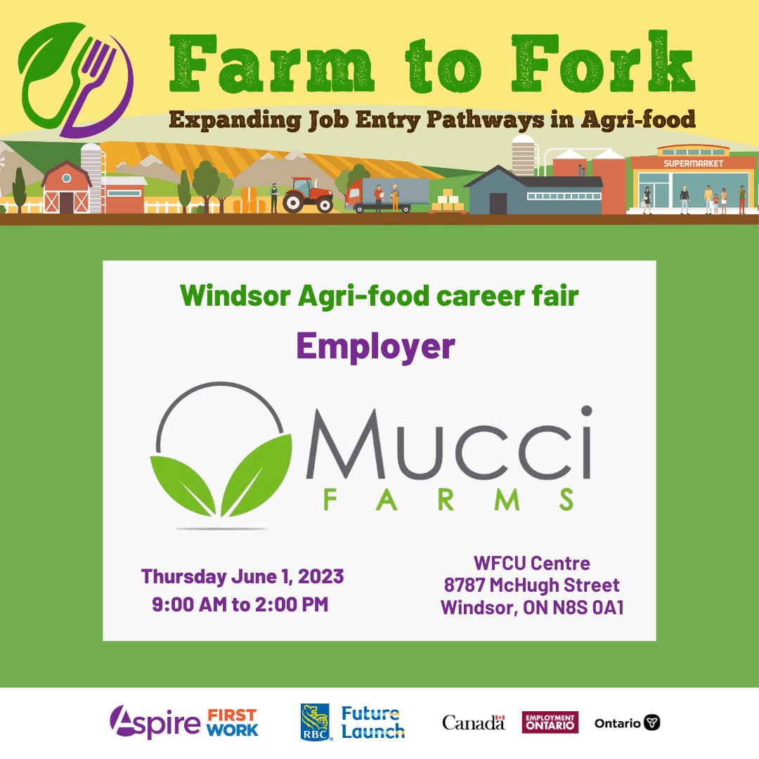 First Work (@first_work) on Twitter photo Employer Feature: <a href="/MucciFarms/">Mucci Farms</a> will connect jobseekers with #AgriFood opportunities at our #WindsorEssex #CareerFair this week.
Any & all youth jobseekers (15-30) are invited to attend!
Learn more & register: bit.ly/3Ik0uNq Employer Feature: <a href="/MucciFarms/">Mucci Farms</a> will connect jobseekers with #AgriFood opportunities at our #WindsorEssex #CareerFair this week.
Any & all youth jobseekers (15-30) are invited to attend!
Learn more & register: bit.ly/3Ik0uNq