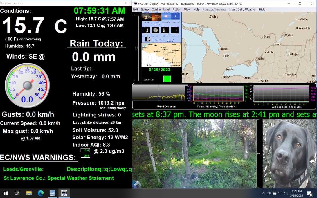 Currently in Johnstown, ON  (Hwy401 @ Hwy416): Conditions::15.7 C (60 F) & Warming. Avg. Wind: 0.0 km/h SE. Gusting to: 0.0 km/h. Rain:  0.0 mm. Lightning strikes: 0.