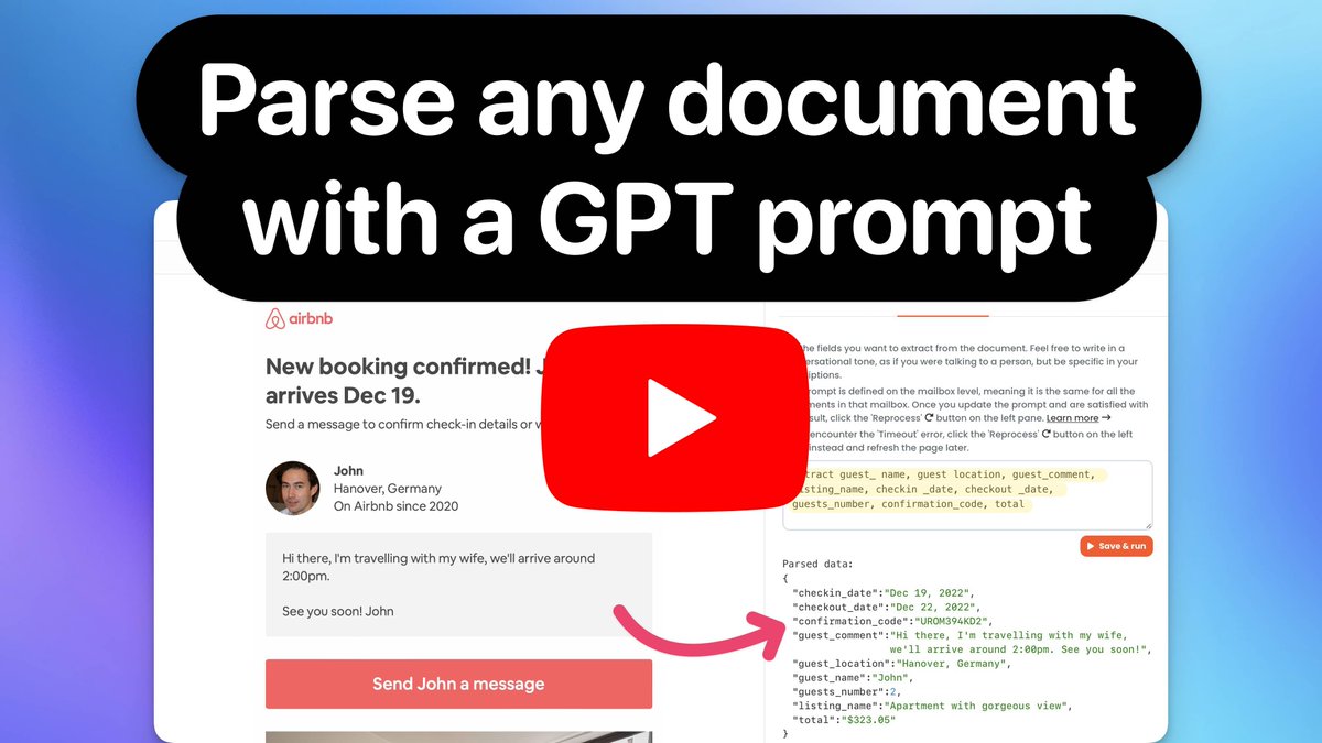 🚀 Introducing our new GPT-powered parser. Extract structured data from emails, PDFs, HTML, TXT, DOCX, XML, MD, and JSON files with natural language.

🔗 Parse CVs, recipes, product descriptions, and much more!

Watch the demo: youtu.be/xcQZxq6Ai6U