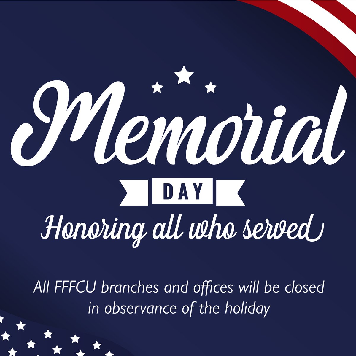 FFFCUofMD's tweet photo. Wishing you and your family a happy and safe #MemorialDay! Today we remember, honor and celebrate all of those who have served. Thank you for your service! 🇺🇸

All #FFFCU branches are closed today. Access your accounts 24/7 with Online or Mobile Banking: https://t.co/1AoZuIW8kJ https://t.co/bXQPAXbHxk