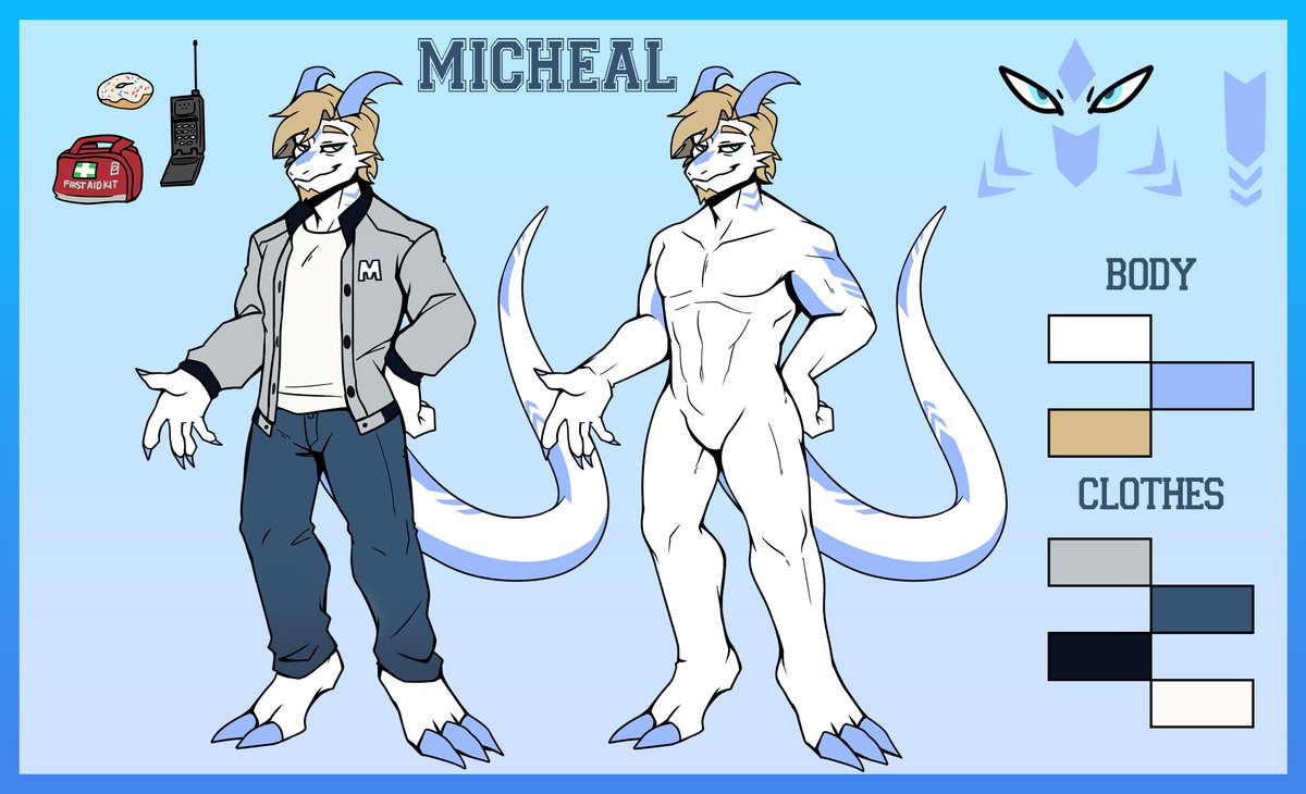 Got a ref for my oc Micheal my medic boy, drawn by @BSkelebunny01