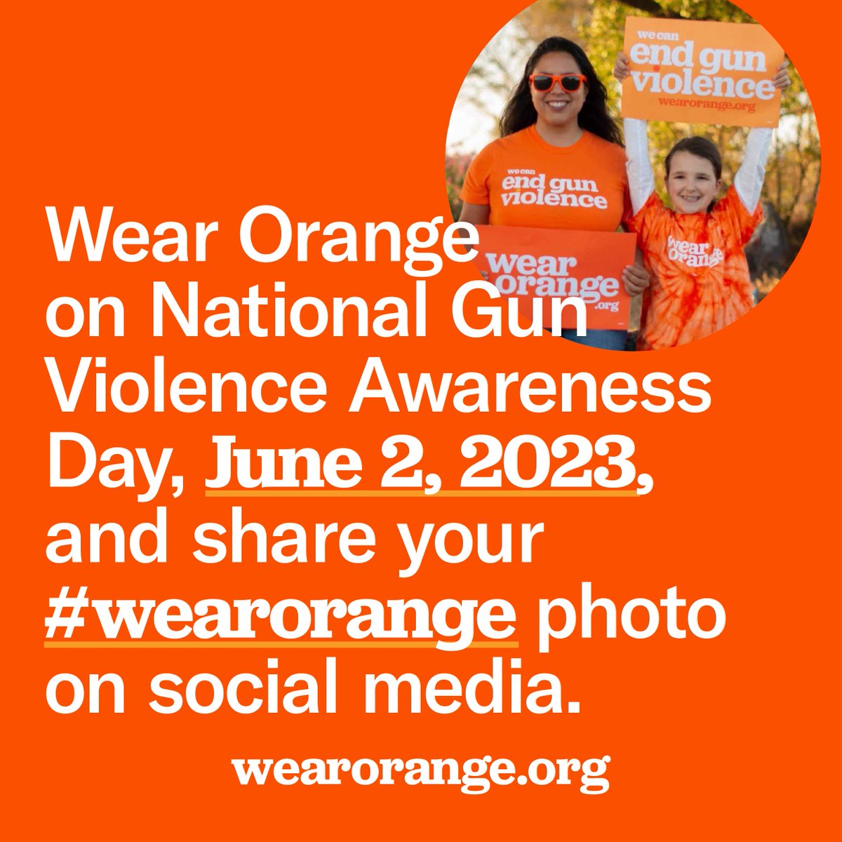June 2 is National Gun Violence Awareness Day.

Post your #WearOrange photos on social media. Join the movement for change and #gunsafety.